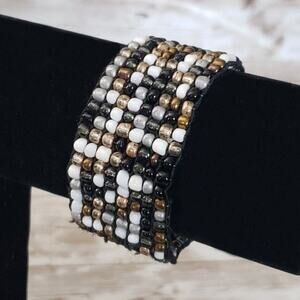 Vintage Beaded Bracelet Black, White & Brown Tones. Wide Chunky Statement